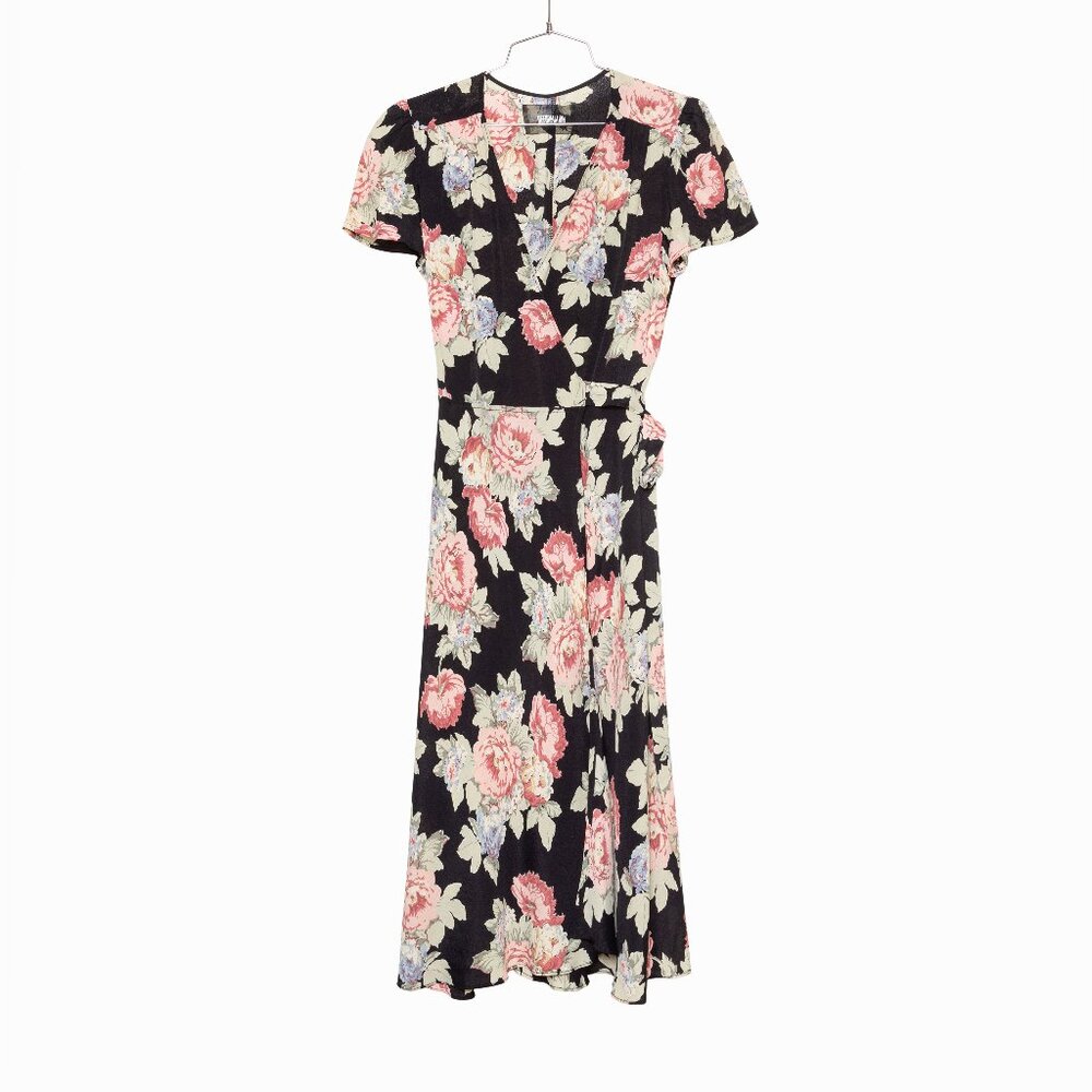 Reformation Linda Brookvale Black Viscose Floral Print Midi Wrap Dress - Size S - Picture 2 of 12